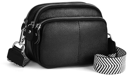 befen Echtleder Umhängetasche Damen Klein Crossbody Bag Handytasche zum Umhängen, Moderne Handtasche Taschen mit Breitem Schultergurt für Arbeiten Einkaufen Reisen, Schwarz