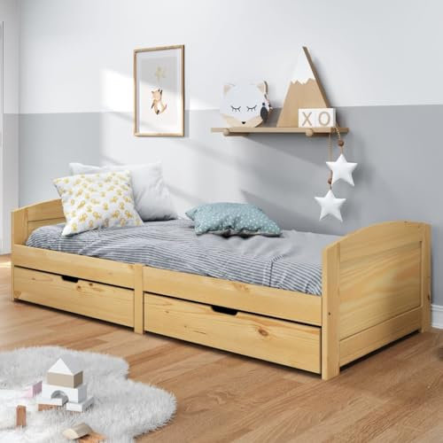 KOIECETA Tagesbett Gästebett Sofabett Holzbett Latten-Design Bettgestell Schlafsofa für Schlafzimmer Wohnzimmer Massivholz Kiefer (Braun, 2 Schubladen（B）)