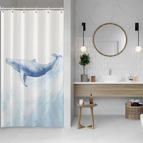 ASDCXZ Wal Duschvorhang 90x180 cm, Modern Kunst Aquarell Blau Wal Ozean Tier Weiß Bad Waschbar Schmal Duschvorhänge Polyester Textil Wasserdicht Duschvorhang für Badewanne mit 6 Haken