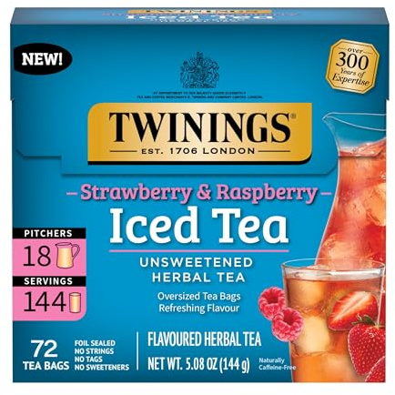 Twinings Strawberry & Raspberry Herbal Iced Tea, 72 Oversized Tea Bags, Makes 18 Pitchers or 144 Servings, Unsweetened, Naturally Caffeine-Free, 72 Count (Pack of 1)