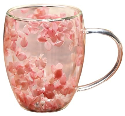 NLDGR Taza de café de Vidrio de Doble Pared con Asa, Taza de Doble Capa de Flores Secas, Tazas para Capuchino, café, té, Leche, Taza de Vidrio Aislada Resistente Al Calor, Regalos de
