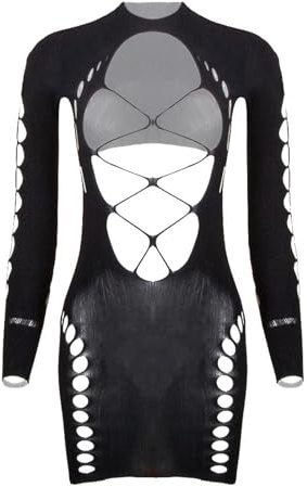 lingerie sexy femme coquine hot robe sexy femme érotique club libertin dentelle ajourée robe moulante femme courte dos nu manche longue babydoll nuisette femme transparente (Black, One Size)