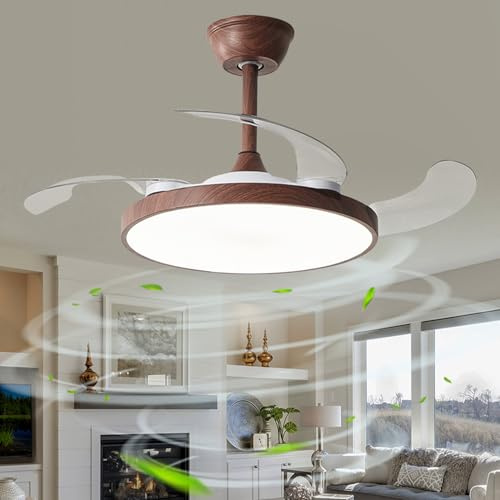 Invisible Ventilador De Techo Con Luz, Luz Ventilador Techo Retráctiles Aspas Regulable Moderno 6 Velocidad, Lámpara Ventilador Reversible Dc Dormitorio Salón Cuarto De Los Niños-Faux woodgrain||108cm