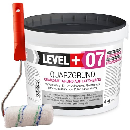 LEVEL PLUS 07 Quarzgrund mit Quarzsand unter Putze - Haftgrundierung | für Innen & Außen - Weißer Putzgrund, Schnell Trocknend, Wasserabweisend & Lösemittelfrei - 4 kg mit Farbroller 10cm