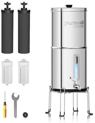 Purewell 5,7L Gravity Water Filter System – Stainless Steel Countertop Design with 4 Filters, Glass Water Level Window – Reduces Fluoride, Chlorine – for Home, Camping & Emergency Survival