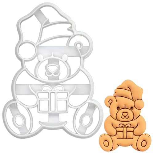 BAKERLOGY Christmas Teddy Bear with Santa Hat Cookie Cutter - Bake Cute Christmas Treats - Detailed Biscuit Cutter Design for Baking and Crafts, Ideal on Fondant, Dough, Clay