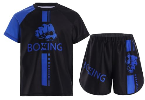 Oyolan Barn pojke boxningsshorts och T-shirt boxningsset Muay Thai MMA kickboxning 5–16 år, Färg: blå, 13-14 år