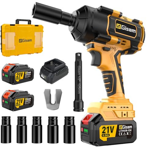 Gisam 1000 N.m Avvitatore a impulsi a batteria con motore brushless da 1/2” con due batterie da 4000 mAh, caricatore rapido, 5 bussole, avvitatore a impulsi per pneumatici auto