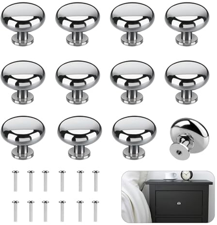 12PCS Cabinet Knobs 29x21MM Round Chrome Cupboard Handles with Screws | Mushroom Shape, Cupboard & Dresser Use, Chrome Finish, Stainless Steel Drawer Pulls