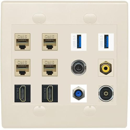 Placa de pared de 3-5 mm 4 CAT6 F81 2 HDMI RCA-AMARILLO TOSLINK 2 USB-3 - Plana 2 Gang [almendra clara]