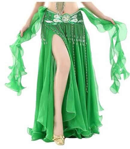 Damen Rock Bauchtanz Hüfttuch mit Münzen Gürtel Bauchtanz Kostüm Hüfttuch Gürtel Rock Bauchtanzgürtel Glitzer Rock Fransen Pailletten Rock Festival Glitzerrock Karneval-Rave Outfit (Green, One Size)