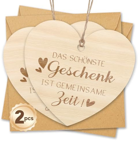 Vielucks Holz Karte Freundin Geschenk - DAS SCHÖNSTE GESCHENK IST GEMEINSAME ZEIT! Herzform mit Umschläge, Holzdeko zum Selber Beschriften, Geschenk für Freundin Geburtstag (DS-2PCS)