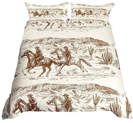 Homewish Cowboy Double Bedding Set for Teens Adults, Western Horse Duvet Cover for Boys Girls, Retro Country Theme Duvet Cover Set, Vintage Sketch Style Bed Sets with 2 Pillowcases, Beige Brown