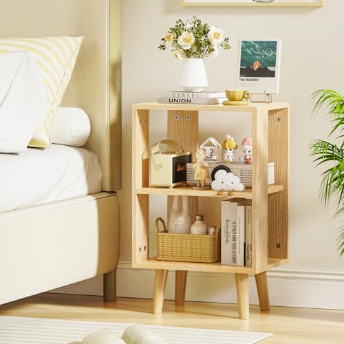 OXFENSEE Table de Chevet Table de Chevet à 2 Niveaux avec éclairage LED et étagères Ouvertes pour Les Chambres, Les Salons et Les Petites pièces (Couleur Bois, 40x30x64 cm)