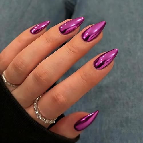 KQueenest Chrome Press On Nails - Metallic Violett Nägel zum Aufkleben Mittel Mandel, Spiegel Effekt Fake Nails Künstliche Fingernägel zum aufkleben, Sparkle Bling Acryl Nägel für Frauen, 24 Stück
