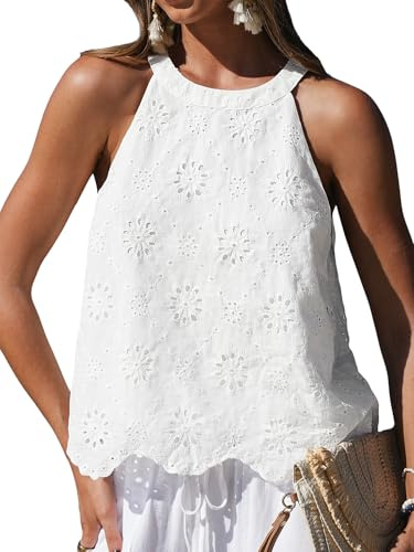 CUPSHE Camicetta da Donna con Pizzo, Scollo a Colletto, Senza Maniche, Ricamata con Occhielli, in Cotone, Vestibilità Sciancrata, Camicia Estiva Casual da Spiaggia e Vacanze, bianco, S