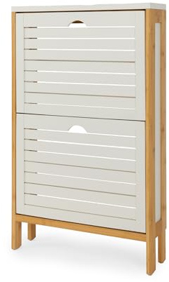 LIN HOME XZ-23050 Zapatero de Madera con 2 Compartimentos 80x49.5x14cm Plegable - Organizador Vertical para Zapatos,Zapatillas de Color Blanco y Color Madera Natural