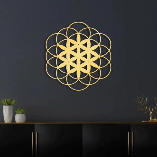 Decoración de Pared geométrica, Semilla de la Vida, Flor de la Vida, Metal - Geométrico Dorado Espiritual para el hogar, Oficina, Dormitorio, Obra de Metal Moderna (30 x 28,5 cm)