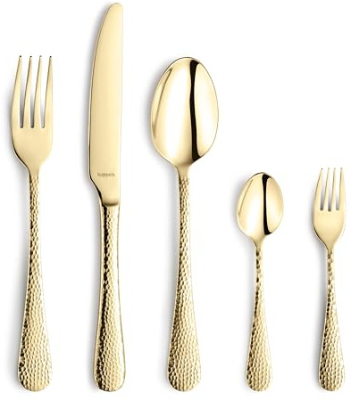 Kuppels Crystal - Cubertería para 6 personas, color dorado, PVD (30 piezas, acero inoxidable 18/0 pulido, 6 cuchillos de menú, tenedor, cuchara, cucharilla de café y tenedores de tarta)