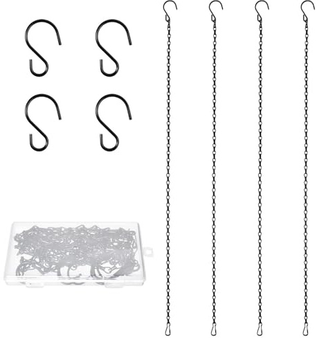 LEONTOOL 4-Pack 25.5-Inch Hanging Basket Chain with Hooks for Bird Feeders, Planters Basket, Lanterns, Wind Chimes, and Decorative DIY Crafts, Adjustable Black Chain with Clips, Outdoor Indoor Use
