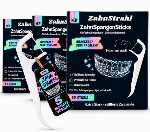 Zahnstrahl® ZahnSpangenSticks 150 Stk. für 5 Monate Zahnseide Sticks mit dünne Spitze für Brackets. (3 Packungen à 50 Stück)