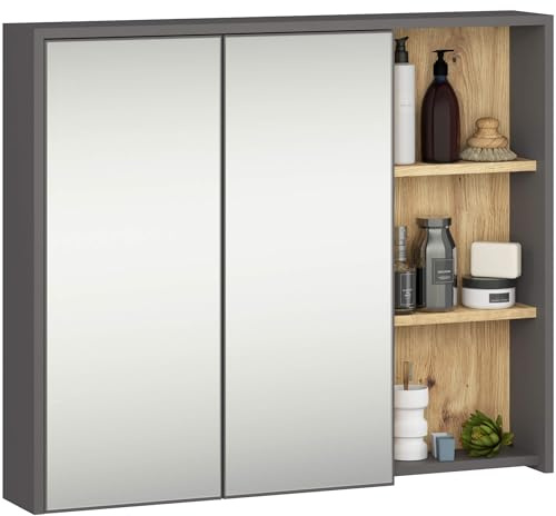 AKORD Spiegelschrank Bad VAMI - 90 cm Badezimmer-Hängeschrank - Badezimmerschrank Spiegel mit 2 Türen, 6 Regalböden - Stauraum Organizer - B90xH75xT15 cm - Graphitgrau & Artisan-Eiche