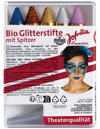 Bio Glitter Schminkstifte Set 5 Farben & Spitzer Naturkosmetik ohne Mikroplastik Kinderschminken Make-Up Kostüm-Zubehör Fasching Karneval