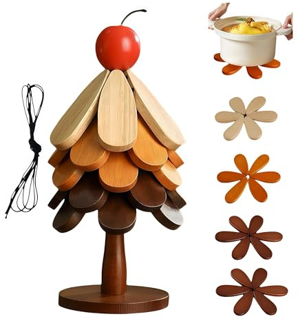 Sereniboo Wooden Trivets for Hot Dishes, Foldable 5 Pcs Tree Trivet Set, Non-Slip Heat Resistant with Christmas Stand, Handcrafted Eco-Friendly Hot Pads for Pots Bowls Teapots, Kitchen Decor