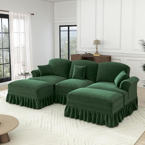 Ligterra Wohnlandschaft U Form, Modulares 3 Sitzer Sofa, mit 2 Ottomane, Trichter-Armlehnen, Abnehmbarer Rüschenschürze & Beweglichem Hocker, Chennille-Stoff, 272×140×93cm (Grün)