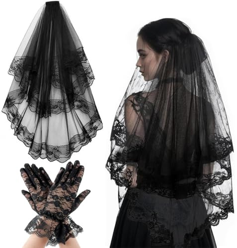 Schleier Braut, Schwarzer Schleier Halloween, Halloween Schleier Spitze Hexe Cosplay mit Kamm, Spitzenhandschuhe Schwarz, Brautschleier Halloween Accessoires für Hochzeiten, Halloween, Karneval usw