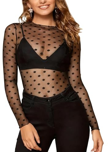 Nättopp damer, sexig topp, glitter, nättopp, transparent blus, långärmad transparent spets, sheer, nätblus för fest, klubb, festival, Fläckar, En Storlek