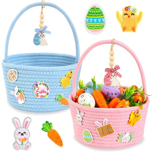 AUGSUN Juego de cestas de Pascua con parches bordados de conejo, 2 cestas de tela rosa y azul, 10 parches, 2 etiquetas de nombre, cesta de conejo, decoración de fiesta de caza de huevos de Pascua (19