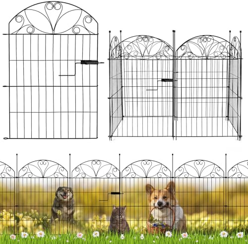 Clôture de Jardin en Métal 6 panneaux avec Porte, longueur max 678 cm, panneaux décoratifs antirouille 80 x 56,5 cm avec 13 piquets, barrière pour chiens, massifs, pelouse et plantes extérieures