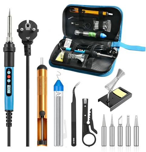 HANDSKIT Soldador de Estaño 90W 13 en 1,Kit de Soldador EléctricoTemperatura Ajustable 180-480°C, Pantalla LCD, 5 Puntas,Alambre de Soldadura y Soporte, Para Varios Usos y Reparaciones