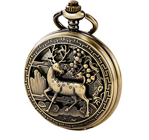 Treeweto Vintage Taschenuhr, mechanisch, doppelter Abdeckung, hohles Gehäuse, Skelett, Steampunk, Hirsch, für Herren und Damen