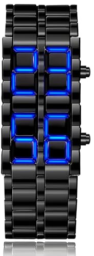 Gosasa Men's Lava Style Stainless Steel Watch Red Blue LED Digital Watch Black Bracelet Watch (Blue)