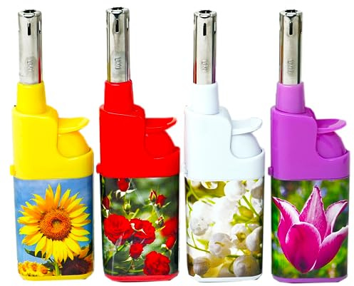 Stabfeuerzeug 10,5cm Blumen farbig 4er Pack Leichtbedienung Seniorengerecht Anzünder BBQ
