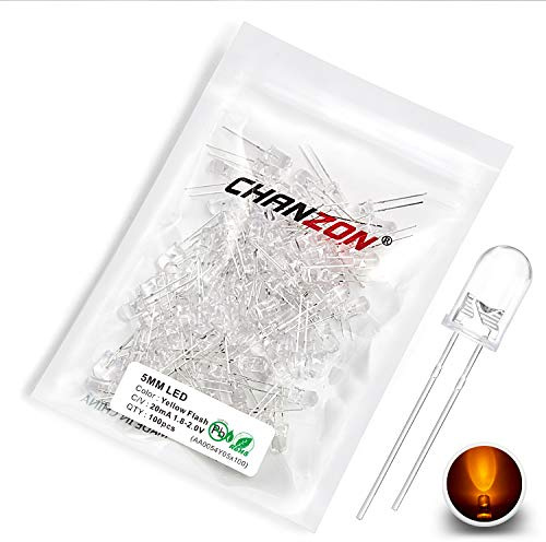Chanzon 100 pcs 5mm Blinking Yellow LED Diode Lights 1.5Hz Flashing (Clear Round Transparent DC 2V 20mA) Bright Lighting Bulb Lamps Electronics Components Indicator Light Emitting Diodes