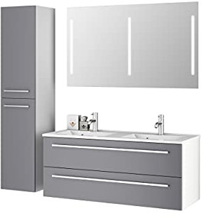 Sieper Ensemble meubles de salle de bain Libato - Double lavabo avec meuble bas 120 x 50 cm - Armoire haute et miroir de salle de bain - Gris arctique
