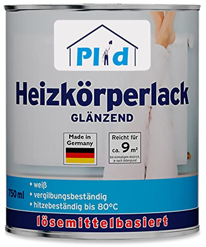 Plid® Heizkörperlack lösemittelhaltig Thermolack Metalllack Heizkörperfarbe Lack Farbe für heizkörperverkleidung schnelltrocknend 2in1 hitzebeständig 80 grad Glänzend Weiß 0,75l