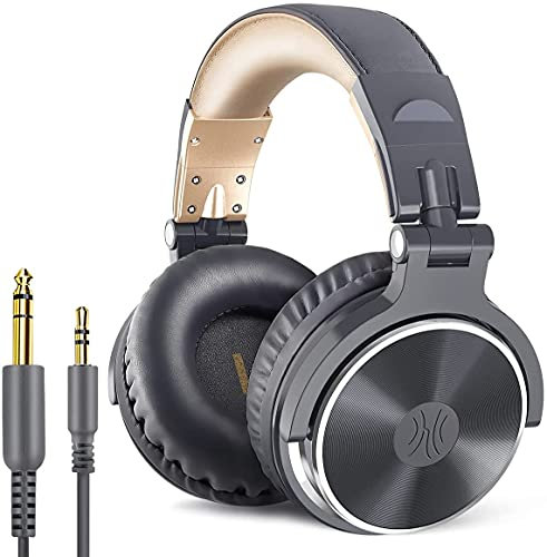 OneOdio - Auriculares con cable para DJ y piano con micrófono, sonido extra bajo, ligero y cómodo plegable con Share-Port, 2 enchufes jacks, auriculares para PC Studio Monitor AMP Pro-10 (gris)