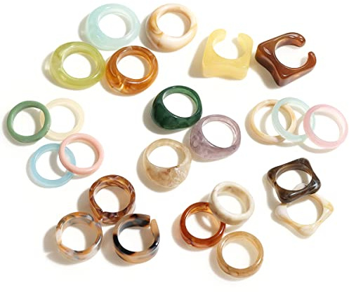 Viva Joya Resin Acrylic Plastic Knuckle Rings for Women, Chunky Trendy Colorful Stackable Jewelry, Statement Dome Thick Rings, Bulk Set (Assorted Colors 24pcs Set)