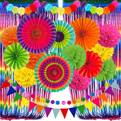 ZERODECO Fiesta Set di Decorazioni per Feste con Ventagli di Carta, Multicolore Cinco De Mayo Pompon Ghirlanda Pennant Striscione Tende a Frange Messicane Coco Carnevali Festival Forniture per Feste