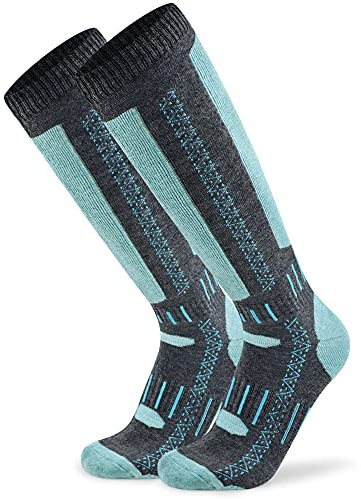 Busy Socks Ladies Long Ski Wool Winter Socks Women, Winer Over the Calf Boot Thermal Wool Socks for Mens Skiing Skating Snowboarding, Medium, 1 Pair Grey/Green