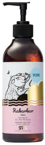 YOPE duschgel rabarber och ros, milt duschbad med rosextrakt, 400 ml | Neutralt pH-värde, vegetabilisk glycerin, certifierad sorbitan sesquicaprylat, 97 % naturliga ingredienser