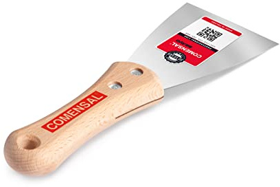 COMENSAL® Espátula de Acero Inoxidable para Pladur - Forma Ergonómica - Mango de Madera - Bricolaje - Made in EU - 80 mm