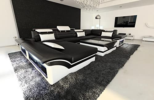 Wohnlandschaft Enzo U Form Sofa Leder- mit LED Beleuchtung, verstellbare Kopfstützen, Recamiere/Lederfarben wählbar/Ausrichtung Ottomane wählbar (Ottomane Links, Schwarz-Weiß)