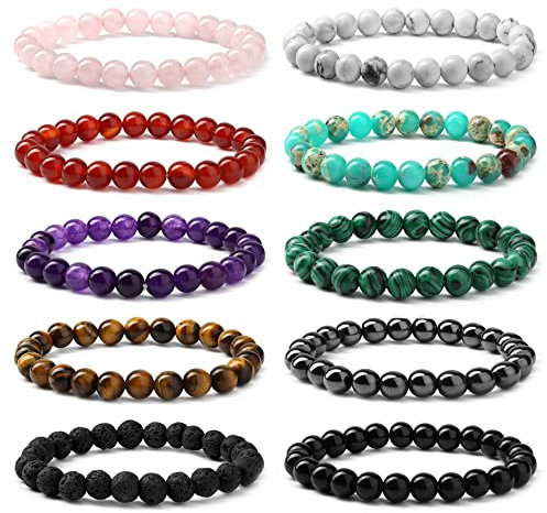JeweBella 10Stück Natürliche Edelstein Armbänder Damen Herren Perlen Armbänder Rose Quartz Amethyst Tigerauge Obsidian Rotes Achat Türkisfarbenes Lavastein Armband Paare Stretch Armbänder Schmuck