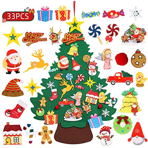 LEUOSO Felt Christmas Tree for Toddlers, 3.28ft DIY Door Wall Hanging Felt Christmas Tree with 33pcs Ornaments, Double-Sided Velcro Detachable Personalised Gold Powder Decor for Kids Christmas Gifts