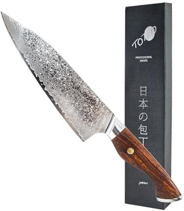 Totiko Chef Knife Professionale in Acciaio Damasco, Coltello da Cucina Professionale Giapponese, Lama da 20cm, Manico in Legno di Rosa, Coltello da Carne, Pesce, Verdura - Toyotomi Japan Knives